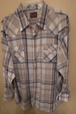 Plains Western Wear Mens Shirt Long Sleeve Sz 3X Pearl Snap Brown/Blue Pocket
